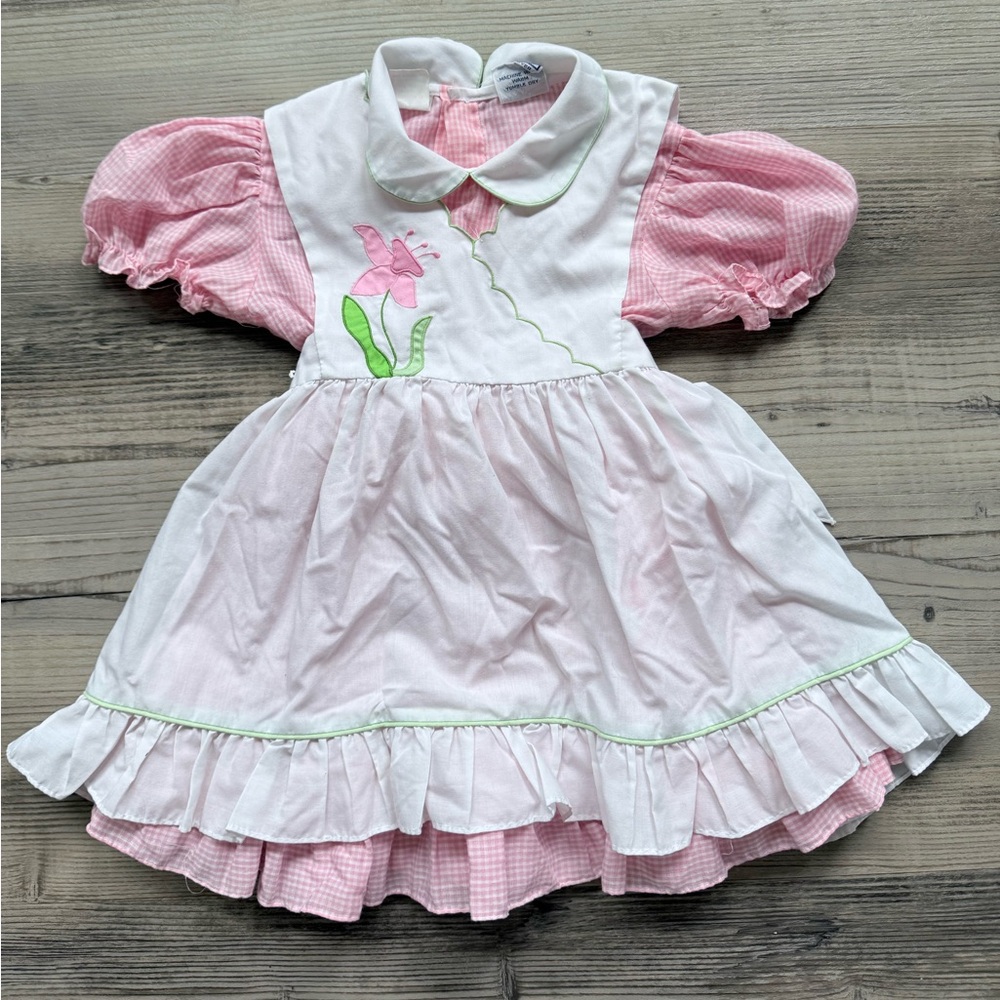 Pink Gingham Floral Peter Pan neck Vintage Ruffle Dress